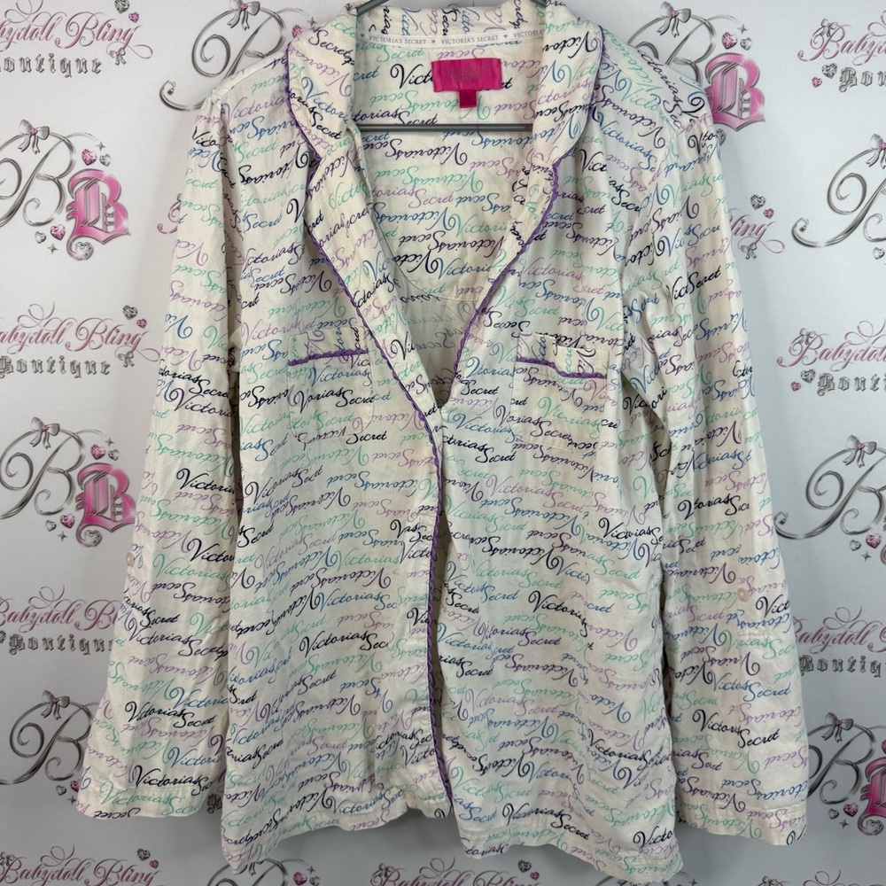 Victoria's Secret long sleeve button up soft Cream shirt blue white  Purple